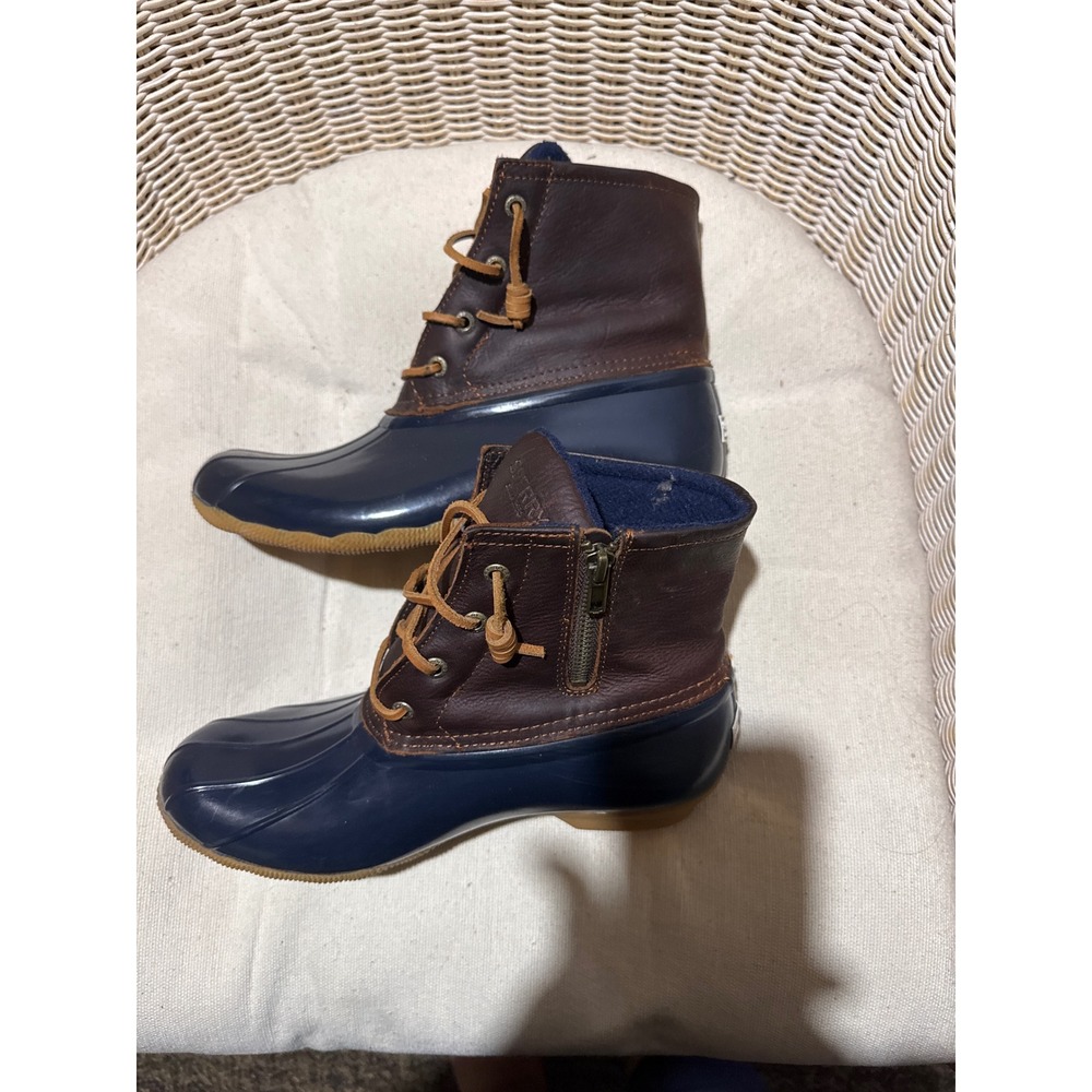 Sperry Saltwater Duck Boots Brown Navy Waterproof Leather Rain Boots STS91175